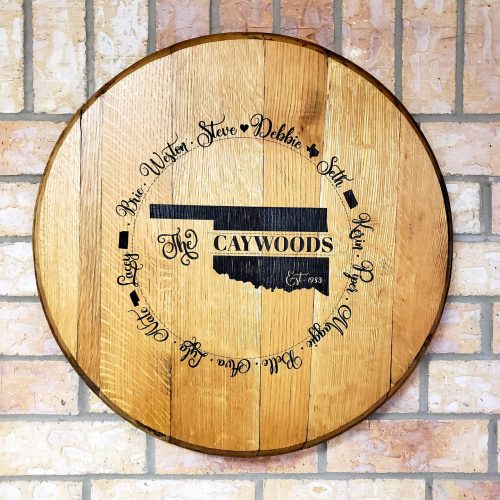 Caywood-family-barrel-lid Personalized Bourbon Barrel Lid Sign: Rustic Family Name & State Art