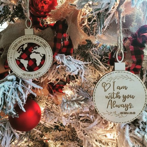 il_fullxfull.5111007436_3urc.jpg Wood Buffalo Plaid Globe Ornament, Engraved Christian "The Great Commission" Christmas Gift