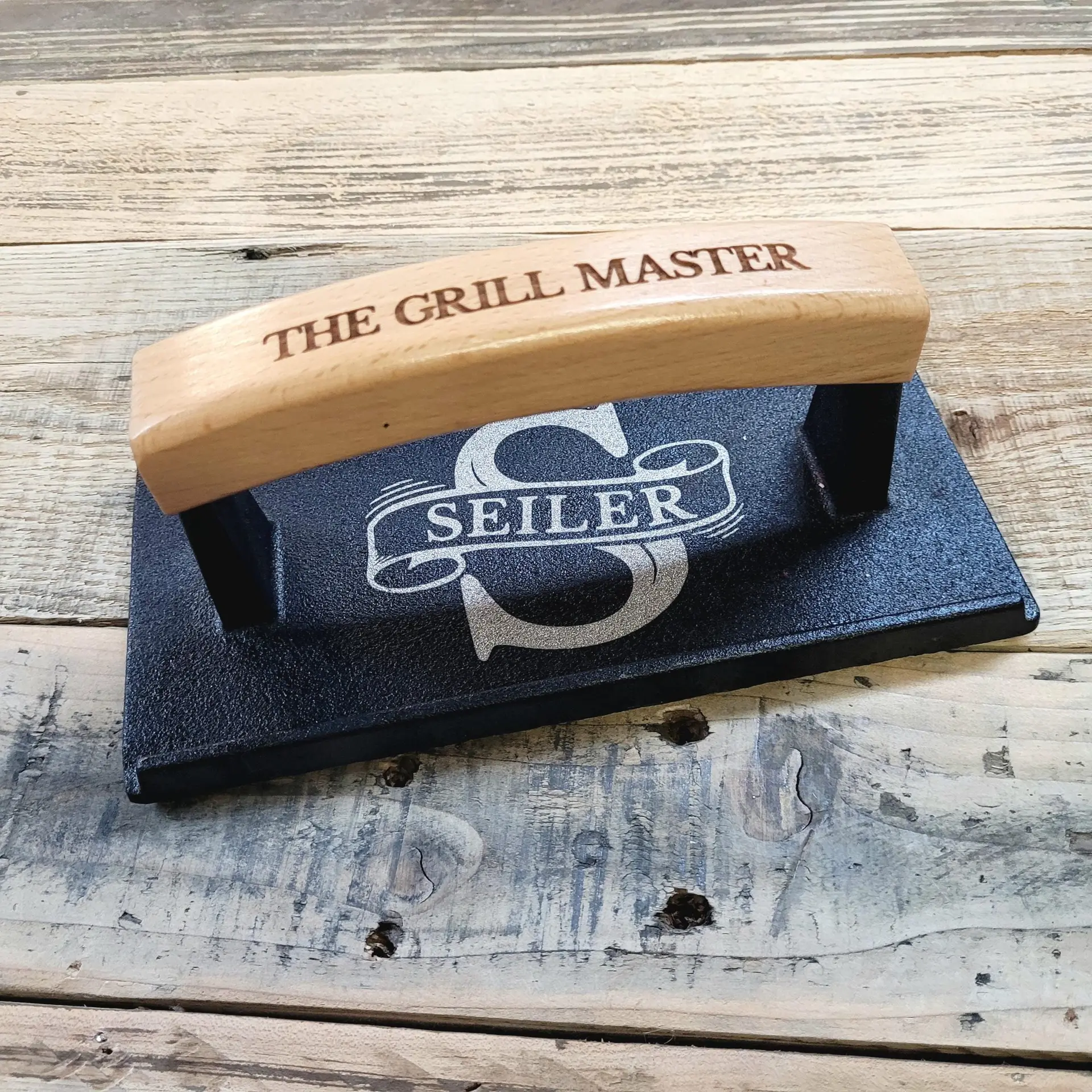 il_fullxfull.7055073210_3599.jpg Personalized Cast Iron Bacon Press: Engraved BBQ Grill Smasher, Dad Gift 6th Anniversary Present